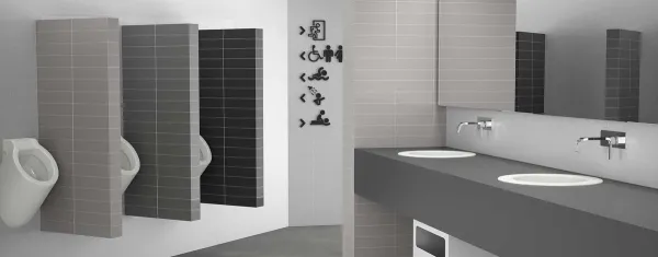 Baño con azulejos efecto monocolor en tonos neutros, colección Urban de Pissano