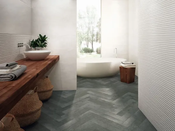 Baño con azulejos efecto monocolor en tonos neutros, colección Villa ibiza de Durstone