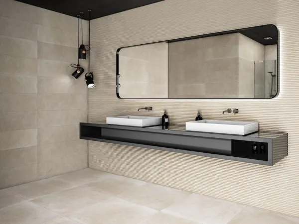 Baño con azulejos efecto monocolor, colección Villa ibiza de Durstone