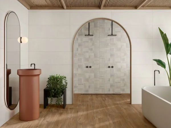 Baño con azulejos efecto monocolor en tonos cálidos, colección Villa ibiza de Durstone