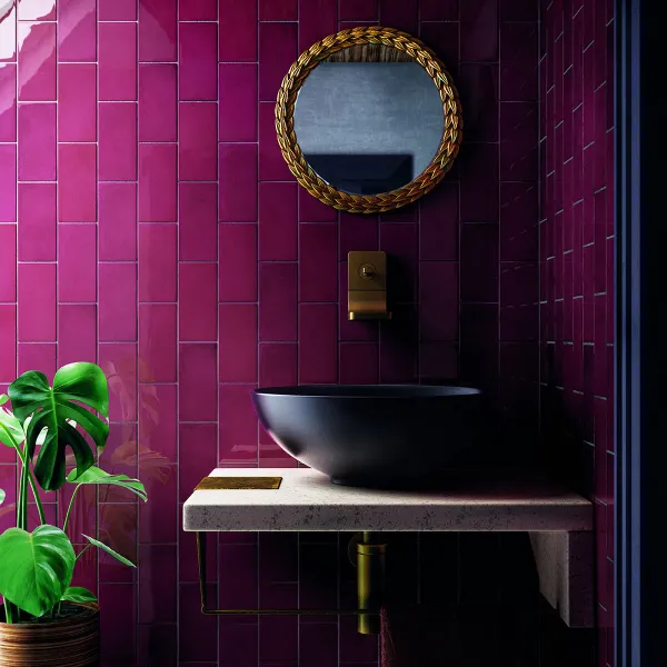Baño con azulejos efecto monocolor en tonos fríos, colección Village de Equipe