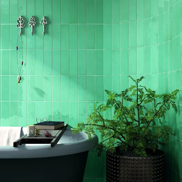 Baño con azulejos efecto monocolor en tonos fríos, colección Village de Equipe
