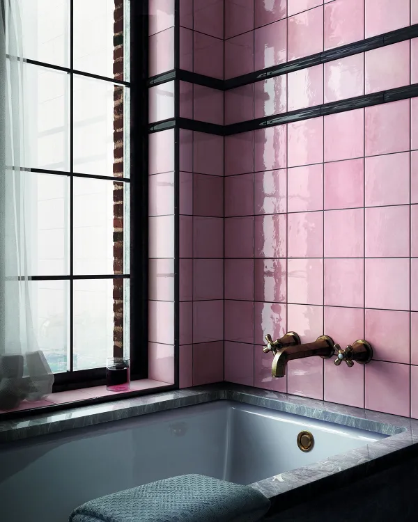 Baño con azulejos efecto monocolor en tonos fríos, colección Village de Equipe