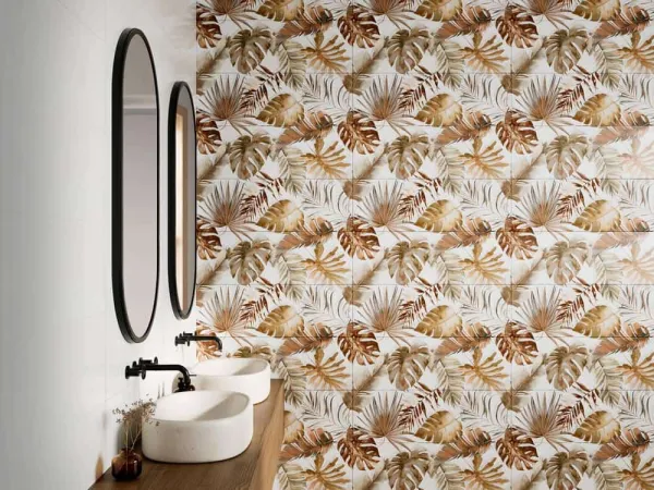 Baño con azulejos efecto monocolor en tonos cálidos, colección Vogue de Argenta