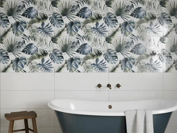 Baño con azulejos efecto monocolor en tonos fríos, colección Vogue de Argenta