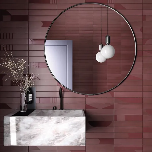 Baño con azulejos efecto monocolor en tonos cálidos, colección Wadi de Equipe