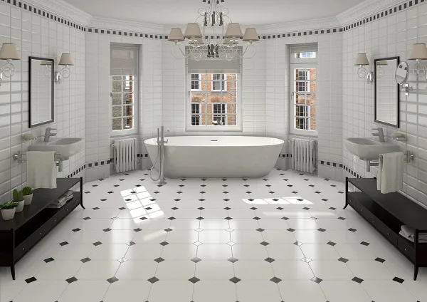 Baño con azulejos efecto monocolor en tonos neutros, colección Zola de Vives