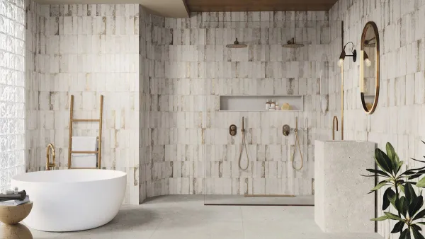 Baño con azulejos efecto óxido, colección Magnetism de Ape