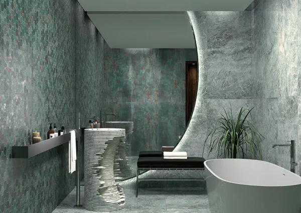 Baño con azulejos efecto óxido en tonos fríos, colección Metal de TAU ceràmica