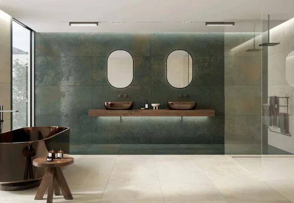 Baño con azulejos efecto óxido, colección Mine de Durstone