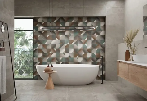 Baño con azulejos efecto óxido, colección Sonar de Colorker