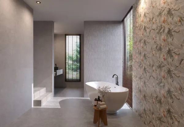 Baño con azulejos efecto piedra en tonos cálidos, colección Amelie de TAU ceràmica