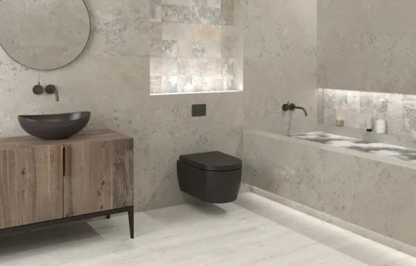 Baño con azulejos efecto piedra, colección Ardesia de Dune