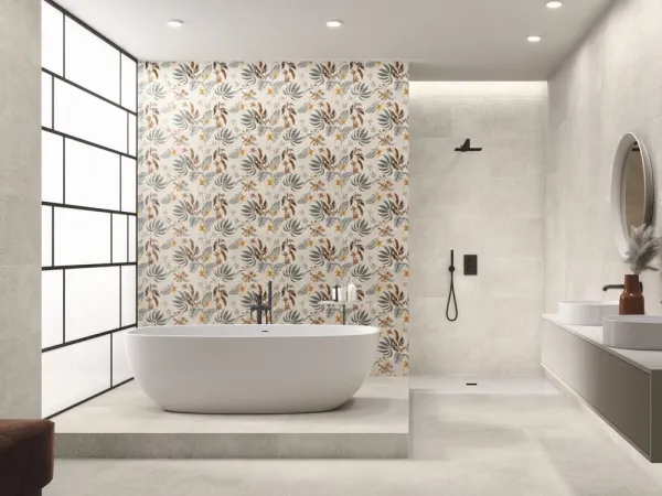 Baño con azulejos efecto piedra, colección Asphalt de Baldocer