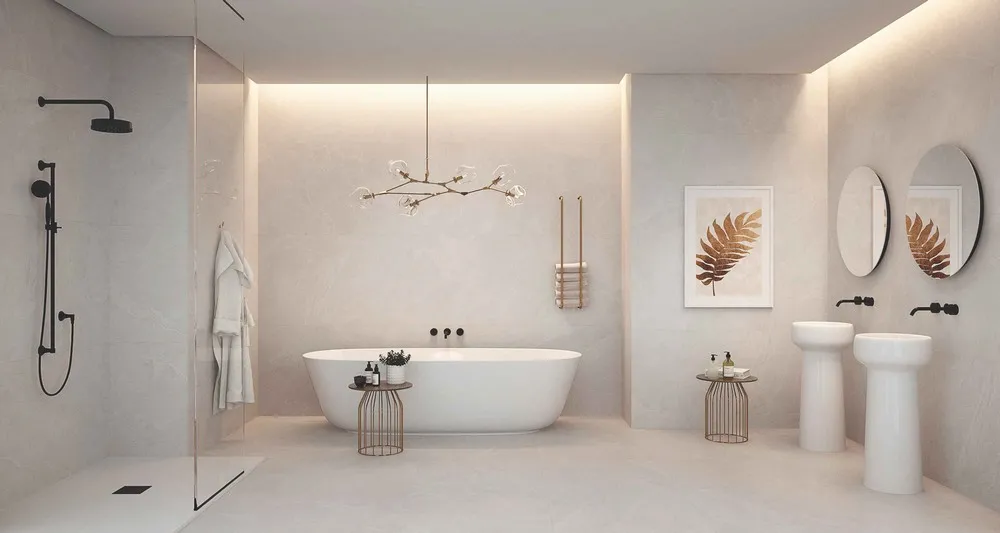 Baño con azulejos efecto piedra, colección Aura de Emotion