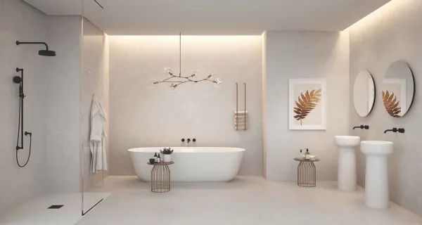 Baño con azulejos efecto piedra, colección Aura de Emotion