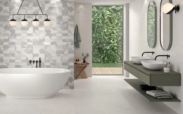 Baño con azulejos efecto piedra en tonos neutros, colección Backstage de Colorker