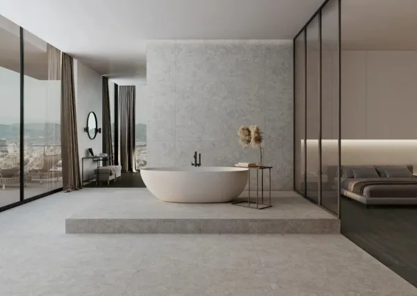 Baño con azulejos efecto piedra en tonos neutros, colección Bedford de Exagres