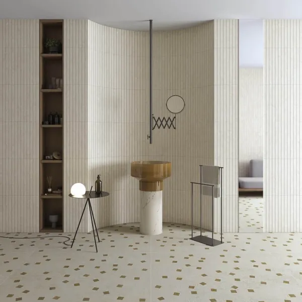Baño con azulejos efecto piedra, colección Belgravia de Vives