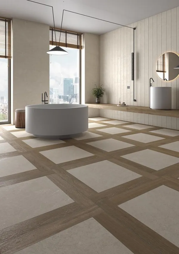 Baño con azulejos efecto piedra en tonos cálidos, colección Belgravia de Vives
