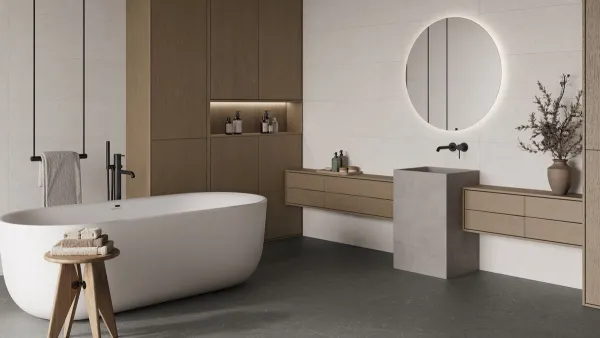 Baño con azulejos efecto piedra en tonos neutros, colección Bergstein de Argenta