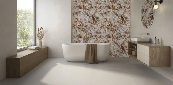 Baño con azulejos efecto piedra, colección Calcare de TAU ceràmica
