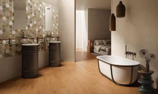 Baño con azulejos efecto piedra en tonos cálidos, colección Cythere de Naxos