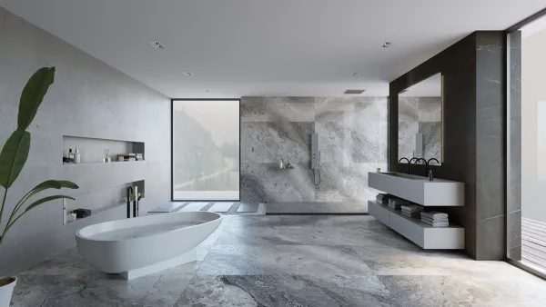 Baño con azulejos efecto piedra en tonos neutros, colección Dreamy de Museum