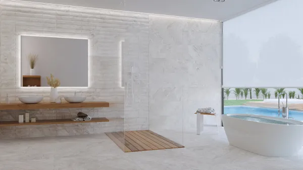 Baño con azulejos efecto piedra en tonos neutros, colección Dreamy de Museum