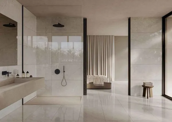 Baño con azulejos efecto piedra, colección Flandes de Durstone
