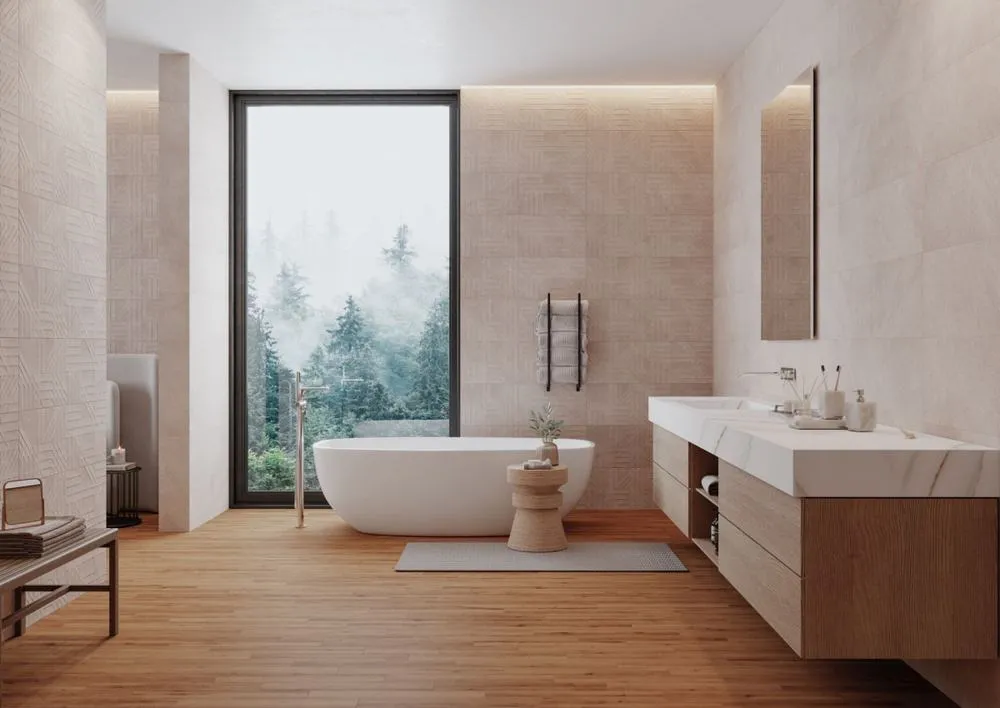 Baño con azulejos efecto piedra en tonos cálidos, colección Formentor de Cristacer
