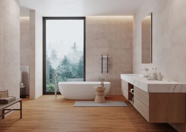 Baño con azulejos efecto piedra en tonos cálidos, colección Formentor de Cristacer