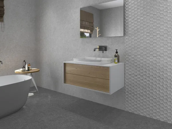 Baño con azulejos efecto piedra en tonos neutros, colección Granite de Cifre
