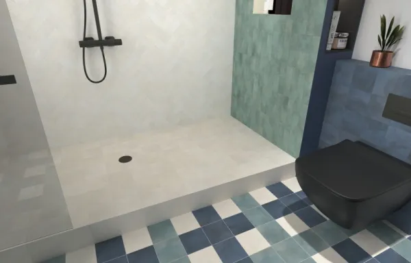 Baño con azulejos efecto piedra en tonos fríos, colección Greenland de Dune