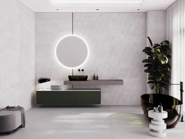 Baño con azulejos efecto piedra en tonos neutros, colección Harlem de Metropol
