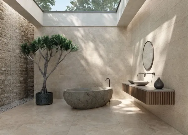Baño con azulejos efecto piedra en tonos cálidos, colección Haven de Peronda