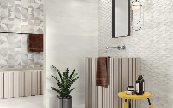 Baño con azulejos efecto piedra en tonos neutros, colección Kawaii de Colorker