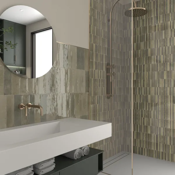 Baño con azulejos efecto piedra, colección Kit-kat de Dune