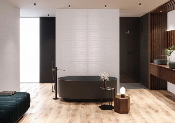 Baño con azulejos efecto piedra, colección Leira de Metropol