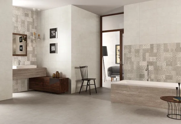 Baño con azulejos efecto piedra, colección Light stone de Argenta