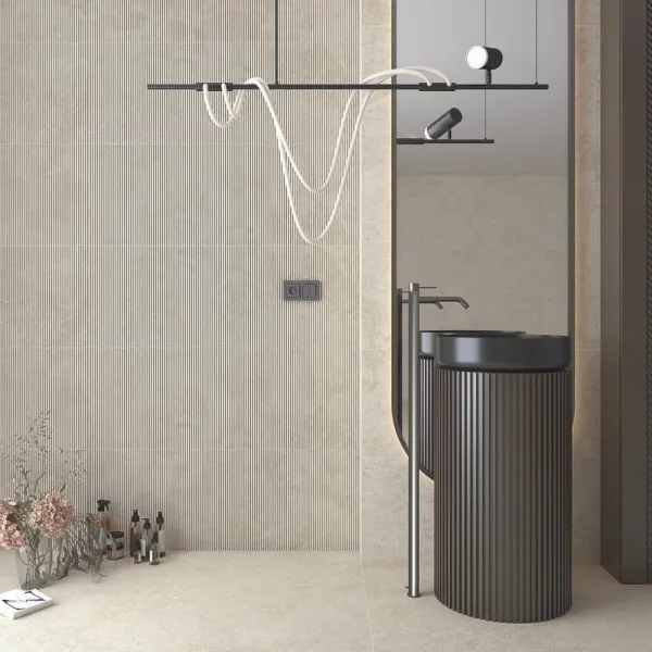 Baño con azulejos efecto piedra, colección London de Vives