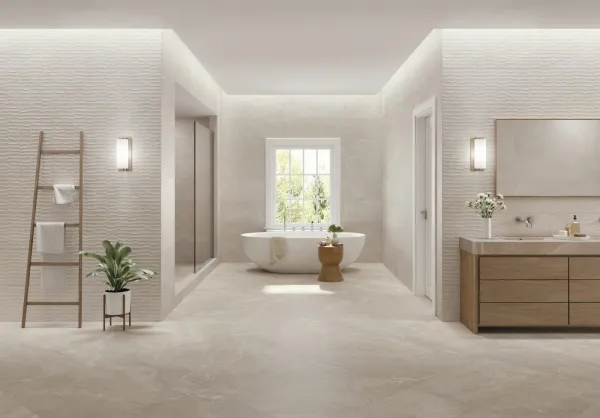Baño con azulejos efecto piedra, colección Lucca wall de Peronda