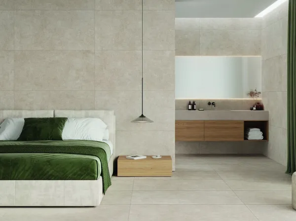 Baño con azulejos efecto piedra en tonos neutros, colección Madison de Keratile