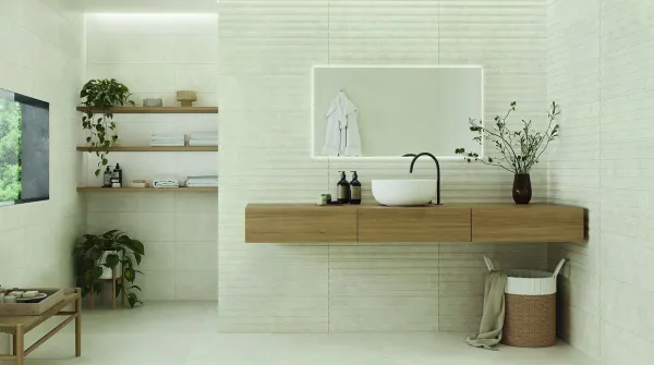 Baño con azulejos efecto piedra, colección Madison de Keratile