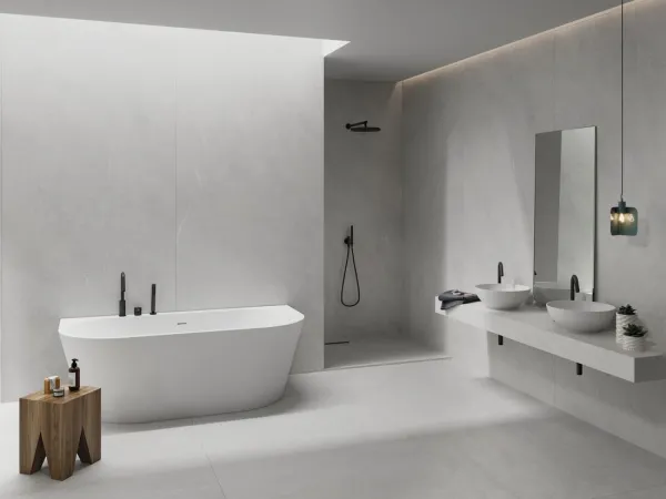 Baño con azulejos efecto piedra en tonos neutros, colección Munich de Cifre