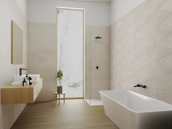 Baño con azulejos efecto piedra, colección Nature de Peronda