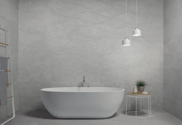 Baño con azulejos efecto piedra en tonos neutros, colección Nature de Peronda