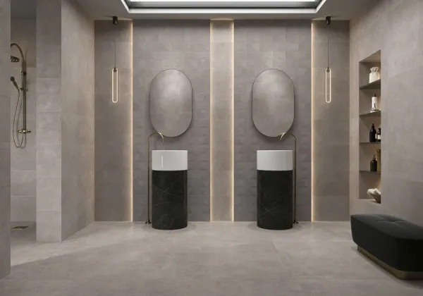 Baño con azulejos efecto piedra en tonos neutros, colección Nomade de ROCERSA