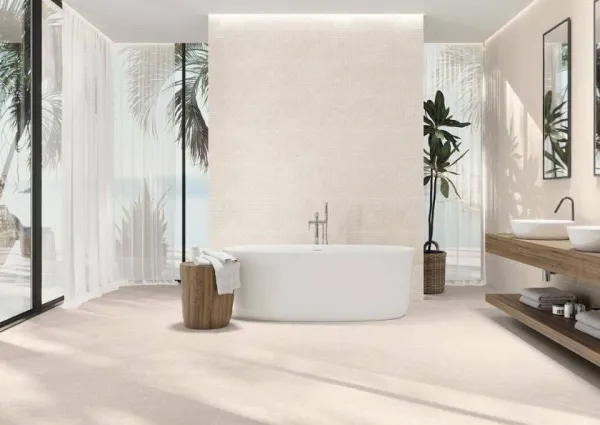 Baño con azulejos efecto piedra, colección Pacific de Colorker