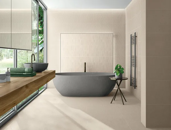 Baño con azulejos efecto piedra, colección Palomastone wall de TAU ceràmica